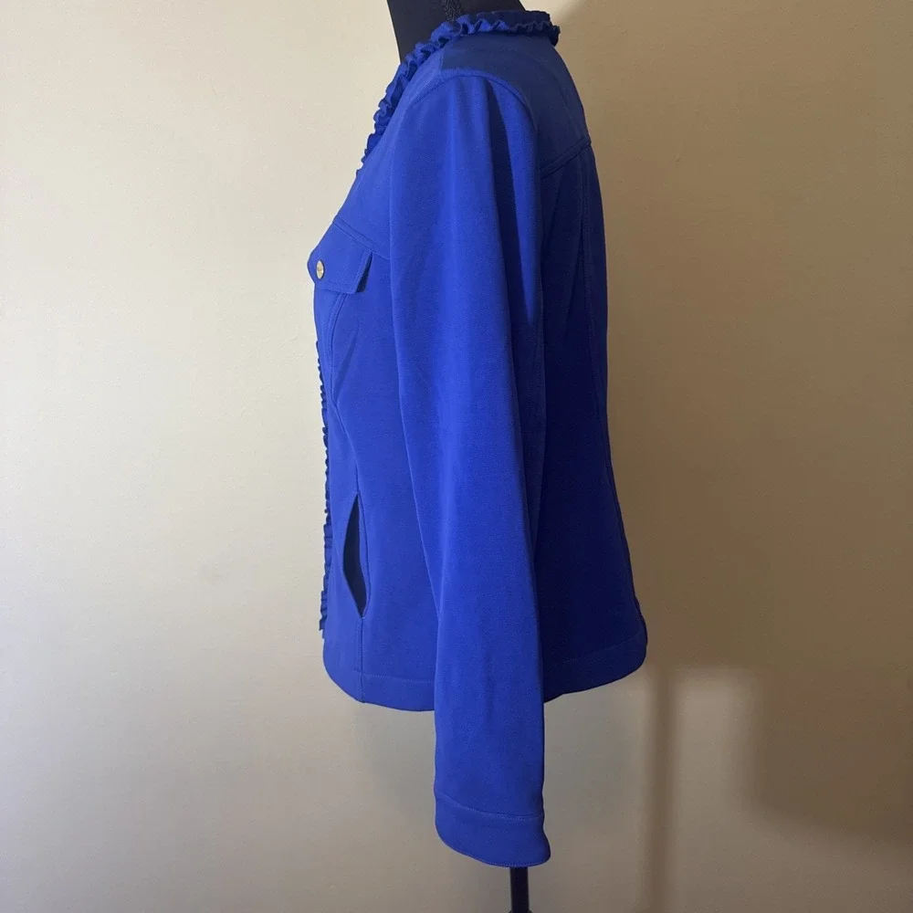 Midnight Velvet Brand Blue Ruffled Jacket Gold‎ Accents Pockets Women's Size 12